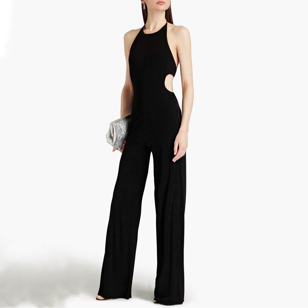 NWOT $495 Halston Women's Black Alexis Cutout Halter Jumpsuit, Size 6